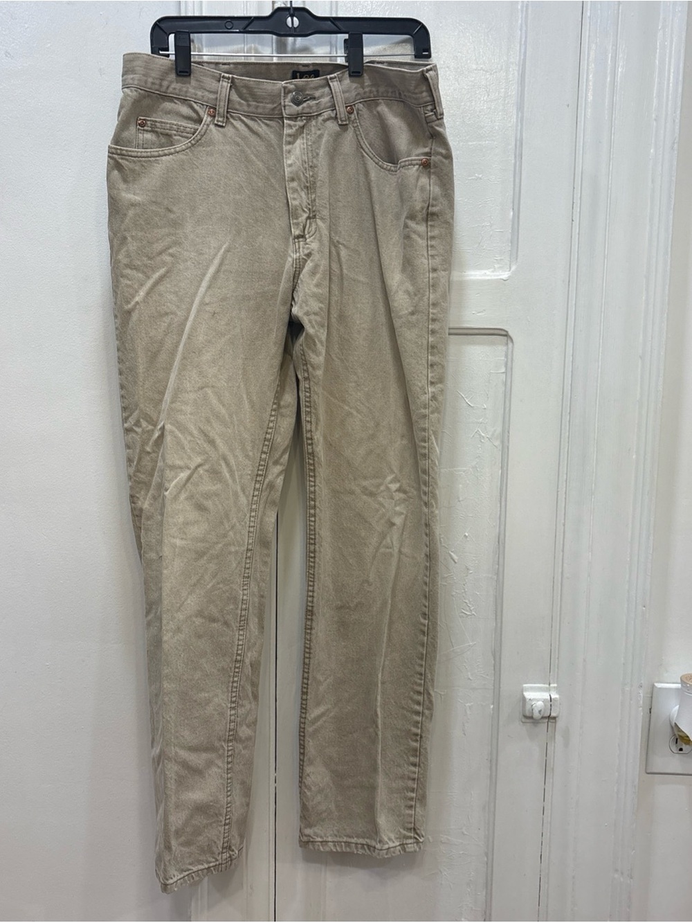 VTG 90s Lee Beige Regular Straight Fit Jeans Sz 34x32 gold rivets 100% Cotton